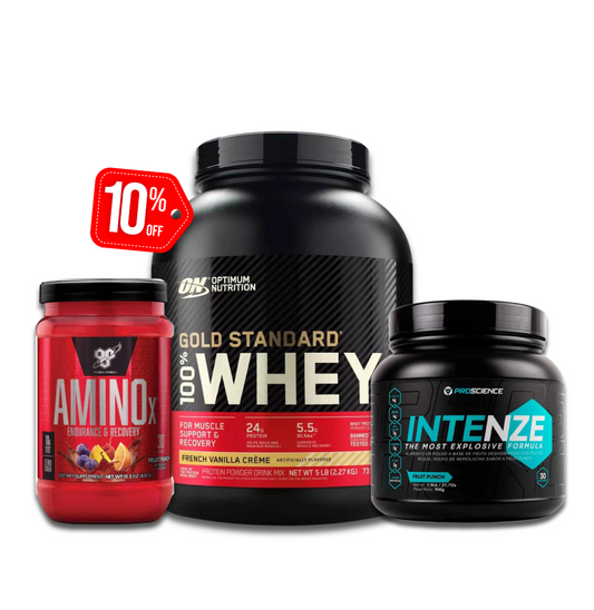 Whey Gold Standard 5 LB Vainilla + Amino X 30 Serv Uva + Intenze Pre-Workout 30 Serv Fruit Punch