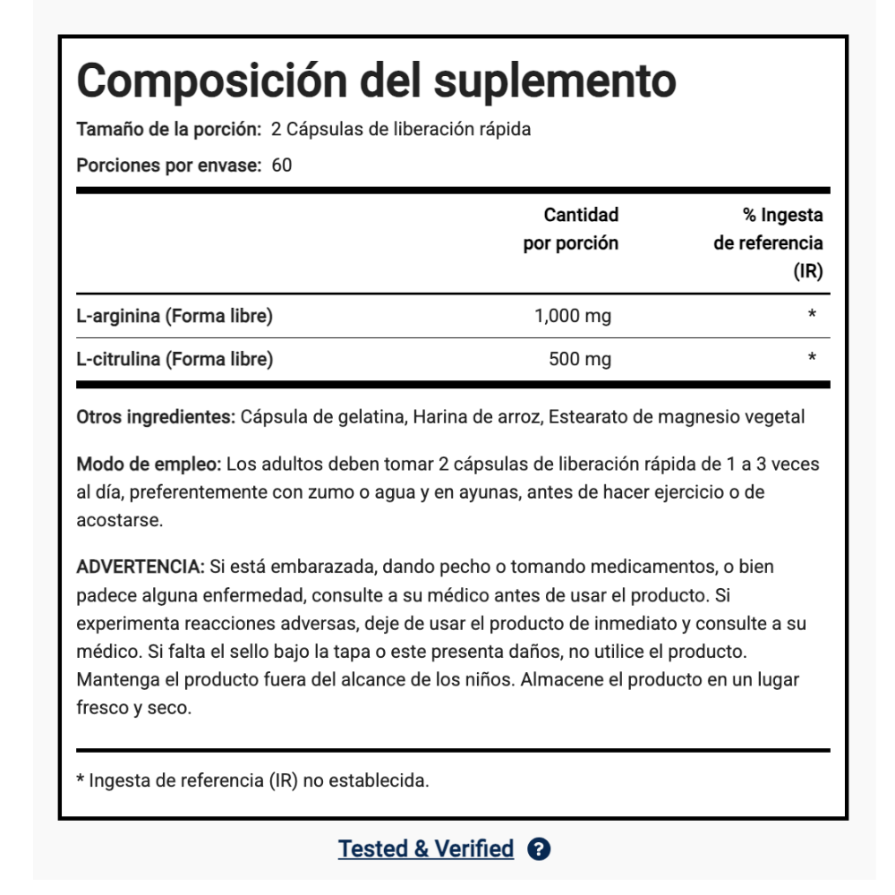 L-Arginina 500 MG y Citrulina 250 MG 120 Cápsulas